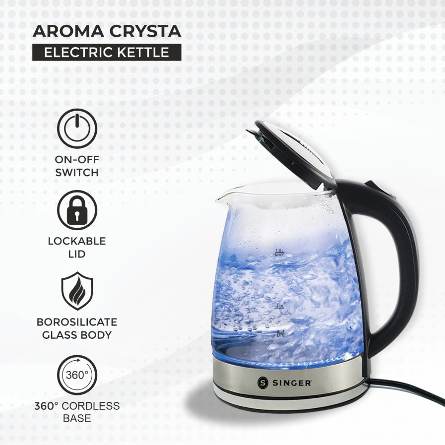 Singer Aroma Crysta Glass Electric Kettle 1.8 L – 1500 Watts